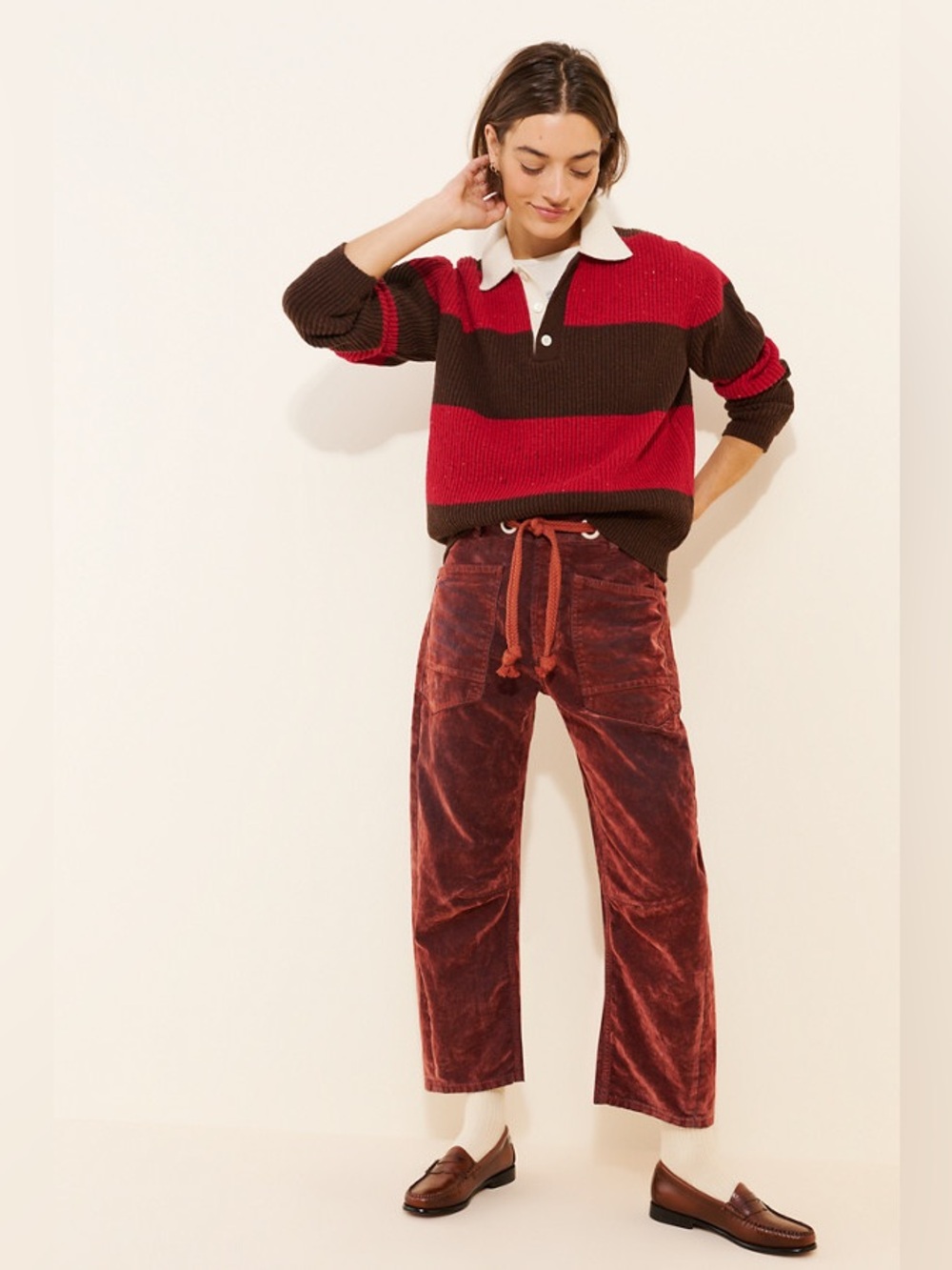 Free People Moxie Red Wine Flocked Pull-On Barrel Jeans - Picture 2 of 4